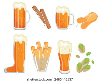 set of food and beer icons for beer day or oktoberfest, namely beer in various glasses and snacks, namely chips, pistachios, croutons and french fries, for designs