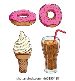 set of food and beverage with donuts, ice cream and soft drink or soda on white background