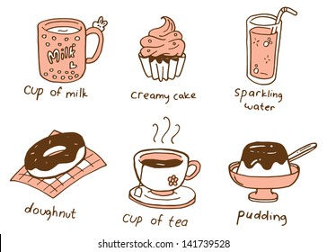 set of food and beverage in doodle style
