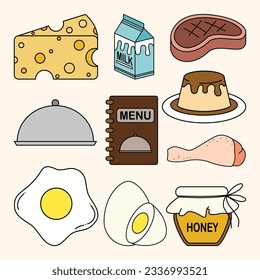 Set of Food and Beverages Simple Flat Line Illustration