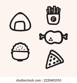 Set of food with black outline graphic. Cute foodie character design. Outline icon for logo, symbol, sticker, restaurant, decoration. Illustration vector flat style. Hand sketch doodle.
