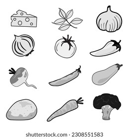 set of food black and white, vector illustration