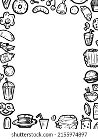 Set of food. Border frame. Baking buns and meat dishes. Hand drawing outline. Isolated on white background. Simple sketch drawing. Vector.