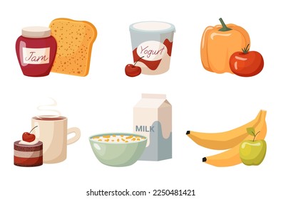 set food bowl with cereal and milk vegetables fruit cup of coffee and cake jar with jam and toast and cherry yogurt
