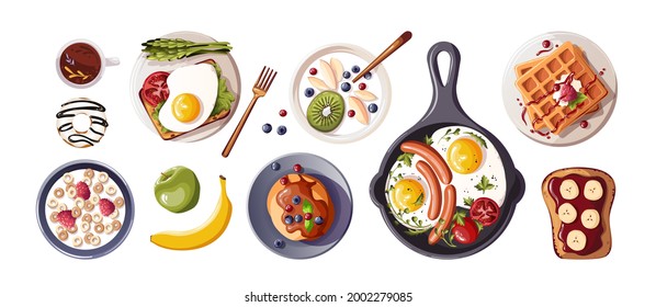 Set of food for  breakfast menu, healthy eating, nutrition, cooking,  fresh food, dessert, diet, pastry, cuisine. Isolated vector illustration for banner, cover, advertising, menu, poster.