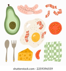 Set of food for breakfast. Variations for meal: vegetarian, healthy, fried, meat. Popular products. Fried egg with bacon, avocado, cheese, slice of tomato, spoon, fork, sausage, checkered tablecloth.