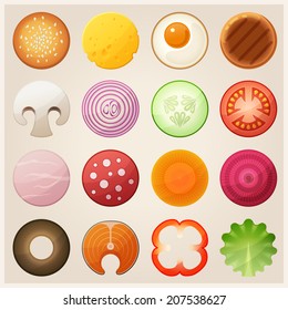 Set of food. Bun, fried egg, cutlet, slices of cheese, champignon, onion, cucumber, tomato, ham, sausage, carrot, beet, olive, salmon, red pepper, lettuce. Vector icons.