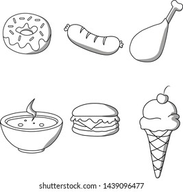 Set of food burger ice cream sausages grilled donut soup