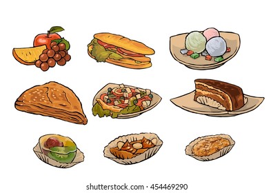 Set food for cafe menu. Salad, sandwich, apple, grape, orange, cake and ice cream.Vector flat vintage color illustration isolated on white background
