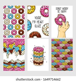Set of food cards. Set of cartoon donuts with pink, chocolate, lemon, blue mint glaze. Seamless pattern with donuts. Color donut's background, card, poster. Texture for fabric, wrapping, wallpaper