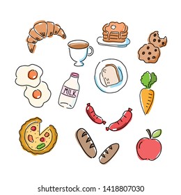 Set of food cartoons on a white background. Food drawing.