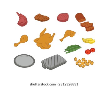 set of food chicken and beef steak