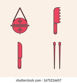 Set Food chopsticks, Ball tea strainer, Bread knife and Knife icon. Vector
