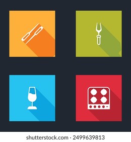 Set Food chopsticks, Barbecue fork, Wine glass and Gas stove icon. Vector