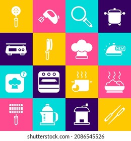 Colocar palillos de comida, Tazón de sopa caliente, Cubierta con comida a la bandeja, sartén de fritura, helicóptero de carne, báscula electrónica, icono de sombrero Spatula y Chef. Vector