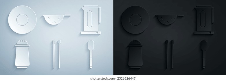 Set Food chopsticks, Kettle with handle, Salt pepper, Spoon, Kitchen colander and Plate icon. Vector