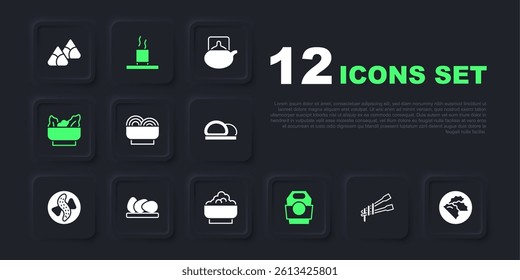Set Food chopsticks with noodles, Dumpling, Asian bowl, paper box, Wonton, Chicken egg, Cup of tea and Rice icon. Vector