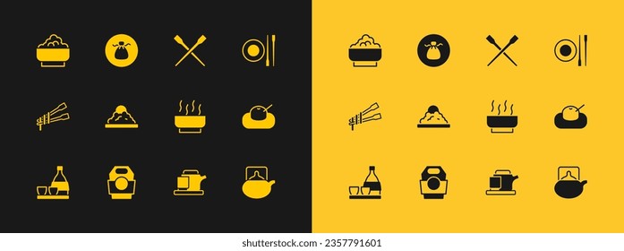 Set Food chopsticks with plate, Asian noodles in paper box, Ramen soup bowl, Traditional tea ceremony, Rice,  and Wonton icon. Vector