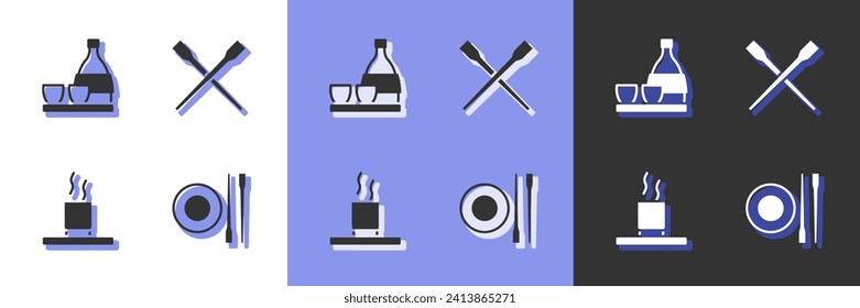 Set Food chopsticks with plate, Bottle of sake, Cup tea and  icon. Vector