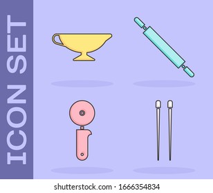 Set Food chopsticks, Sauce boat, Pizza knife and Rolling pin icon. Vector