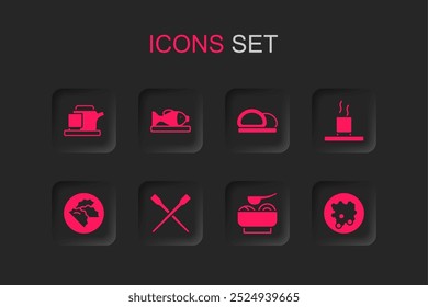 Set Food chopsticks, Served fish on a plate, Traditional tea ceremony, Ramen soup bowl, Cup of, Rice in, Sushi and Dumpling icon. Vector