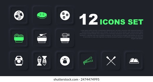 Set Food chopsticks, Sushi, Ramen soup bowl, with noodles, Asian in, Served fish on plate, Homemade pie and Wonton icon. Vector