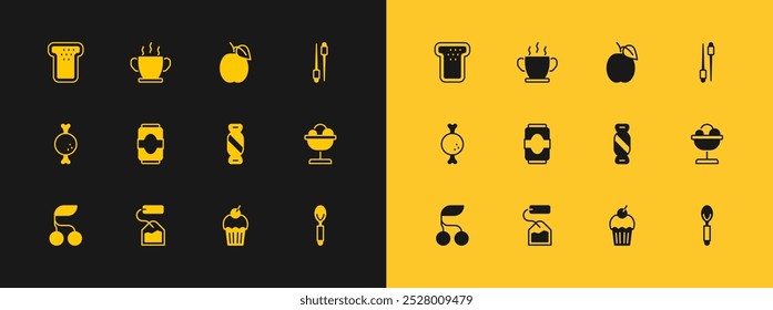 Set Food chopsticks, Tea bag, Candy, Muffin, Soda can, Plum fruit, Bread toast and Bowl of hot soup icon. Vector