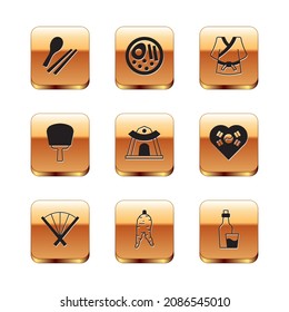 Set Food chopsticks, Traditional fan, Ginseng root, Korean temple, hand, Kimono, Soju bottle and Ramen icon. Vector