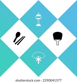 Set Food chopsticks, Traditional fan, N Seoul tower in South Korea and Korean hand icon. Vector