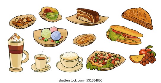 Set food and coffee drink for cafe menu. Salad, sandwich, grape, orange, cake, cappuccino, latte and ice cream.Vector flat vintage color illustration isolated on white background