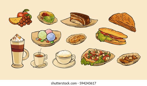 Set food and coffee drink for cafe menu. Salad, sandwich, grape, orange, cake, cappuccino, latte and ice cream.Vector flat vintage color illustration isolated on beige background