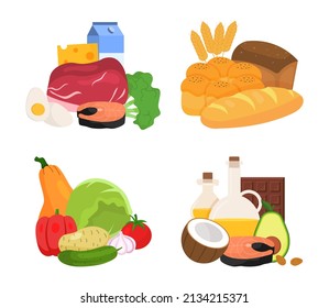 Set of food. Collection of elements for site, natural and fresh products. Vegetables, fruits and flour products. Diet and nutrition, carbohydrates, proteins and fats. Cartoon flat vector illustration