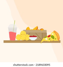 Ponga en su composición la pizza, los batidos, las patatas al horno y las bolas de queso. Vector 