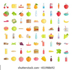 Set of food concepts. Fruits, vegetables, meat, sweets, beverages, bread, pizza, salads, sandwich, honey, egg, sauce, milk products for farm, grocery shop, food delivery, cafe icon, menu illustrating.