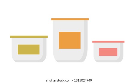 conjunto de envases de alimentos de diferentes tamaños en forma plana. almacenamiento de alimentos en el frigorífico.