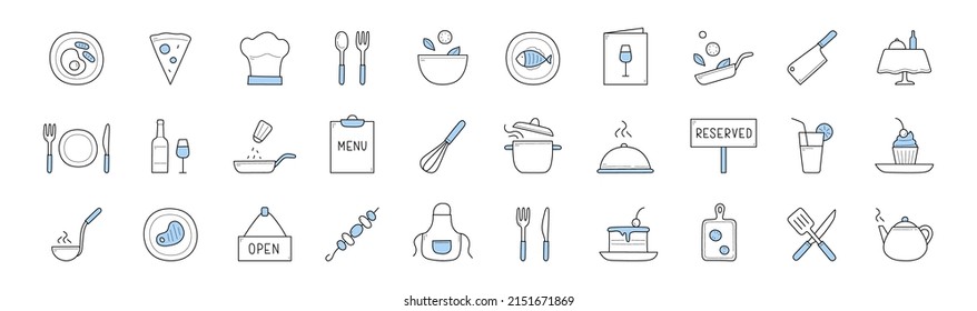 Set of food cooking and chef restaurant doodle icons. Apron, kebab, reserved or open banners, cake, teapot, fork with knife, cutting board, dish, fish on plate, pizza menu elements Linear vector signs