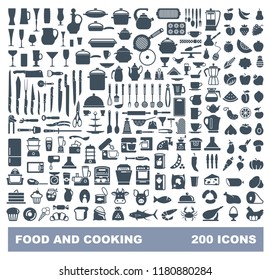 Set of food and cooking icons includes food, crockery, utensil and kitchen equipment