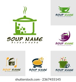 Set of Food Cooking with Pixel logo design vector. Kitchen logo with pot full of healthy vegetables and vitamins.