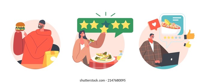 Set of Food Critics Avatars or Round Icons, Taster Making Opinion on Food. Professional Bloggers Making Review and Ranking Restaurant Cuisine, Product Degustation. Cartoon People Vector Illustration