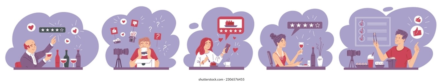Set of food critics and bloggers eating and rating food, flat vector illustration isolated on white background. People eating and rating food on social media, taking video and streams.