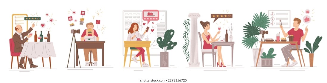 Conjunto de críticos de comida de estilo plano, ilustración vectorial aislada en fondo blanco. La gente califica la comida y los restaurantes, filmando reseñas de video, estrellas y comentarios, listas con casillas de verificación