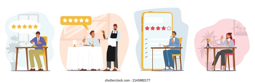 Set of Food Critics, Professional Writers or Bloggers Making Review and Ranking Restaurant Cuisine. Taster Making Opinion on Food, Wine, Drinks, Product Degustation. Cartoon People Vector Illustration