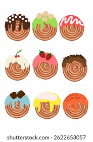 set of food cromboloni pastry icons with a variety of flavours