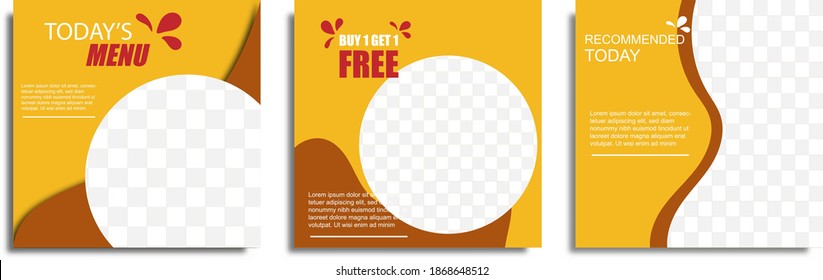 Juego de plantillas de medios sociales de post culinario y de comida, menú de hoy, compra 1 obtén 1 texto de menú gratis y recomendado, fácil de editar con espacio transparente para tu producto. ilustración vectorial. 