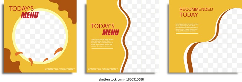 Set of Food culinary post social media template, today's menu, buy 1 get 1 free and recommended menu, easy to edit with transparent space for your product. vector illustration. 