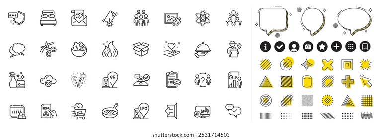 Conjunto de iconos de línea de entrega de alimentos, átomo de química y documentación técnica para App de Web. Elementos de diseño, íconos de redes sociales. Estación de gasolina, Imagen de rompecabezas, iconos de fuegos artificiales. Vector