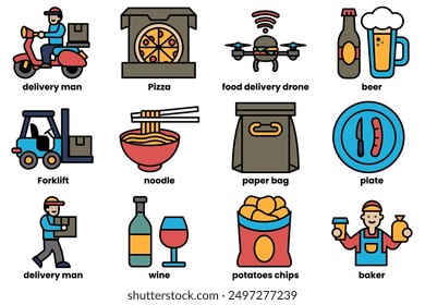 A Set of food delivery icons in line style