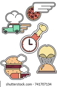 set of food delivery icons, vector image, flat design,colorful stickers,winged pizza, a car with a large chef's hat, a flying hamburger, a chicken leg with a stopwatch, a dish with a parachute