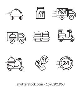 Set Of Food Delivery Line Icon. Black And White Food Delivery Symbol