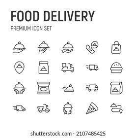 Set of food delivery line icons. Premium pack of signs in trendy style. Pixel perfect objects for UI, apps and web. 